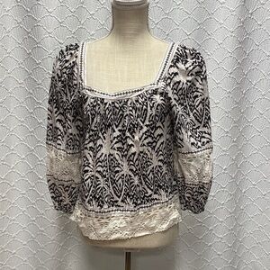 Panama Jack size small Monochrome Leaf Print Blouse lace crochet oversized linen